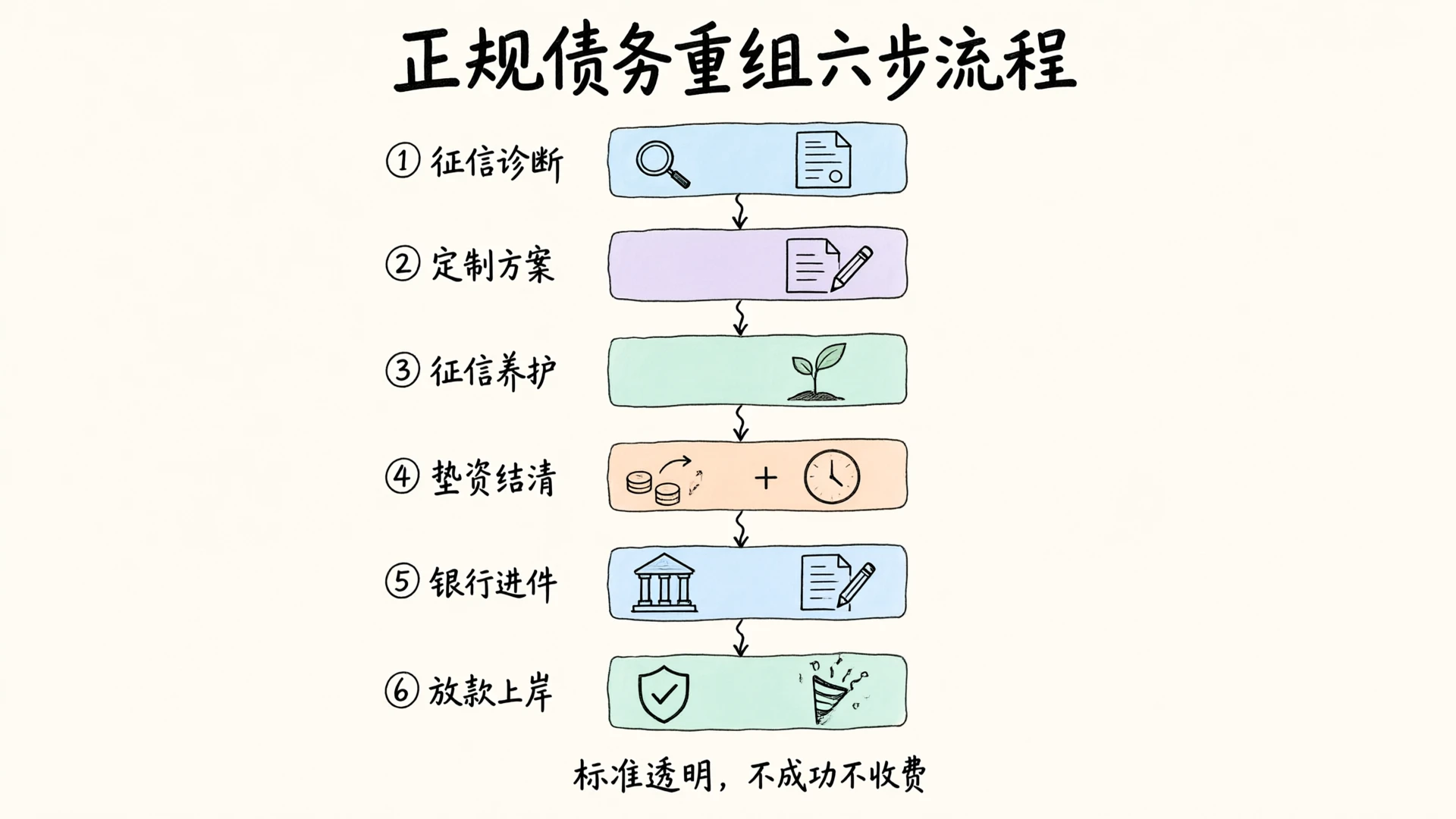 正规债务重组六步流程：征信诊断→定制方案→征信养护→垫资结清→银行进件→放款上岸