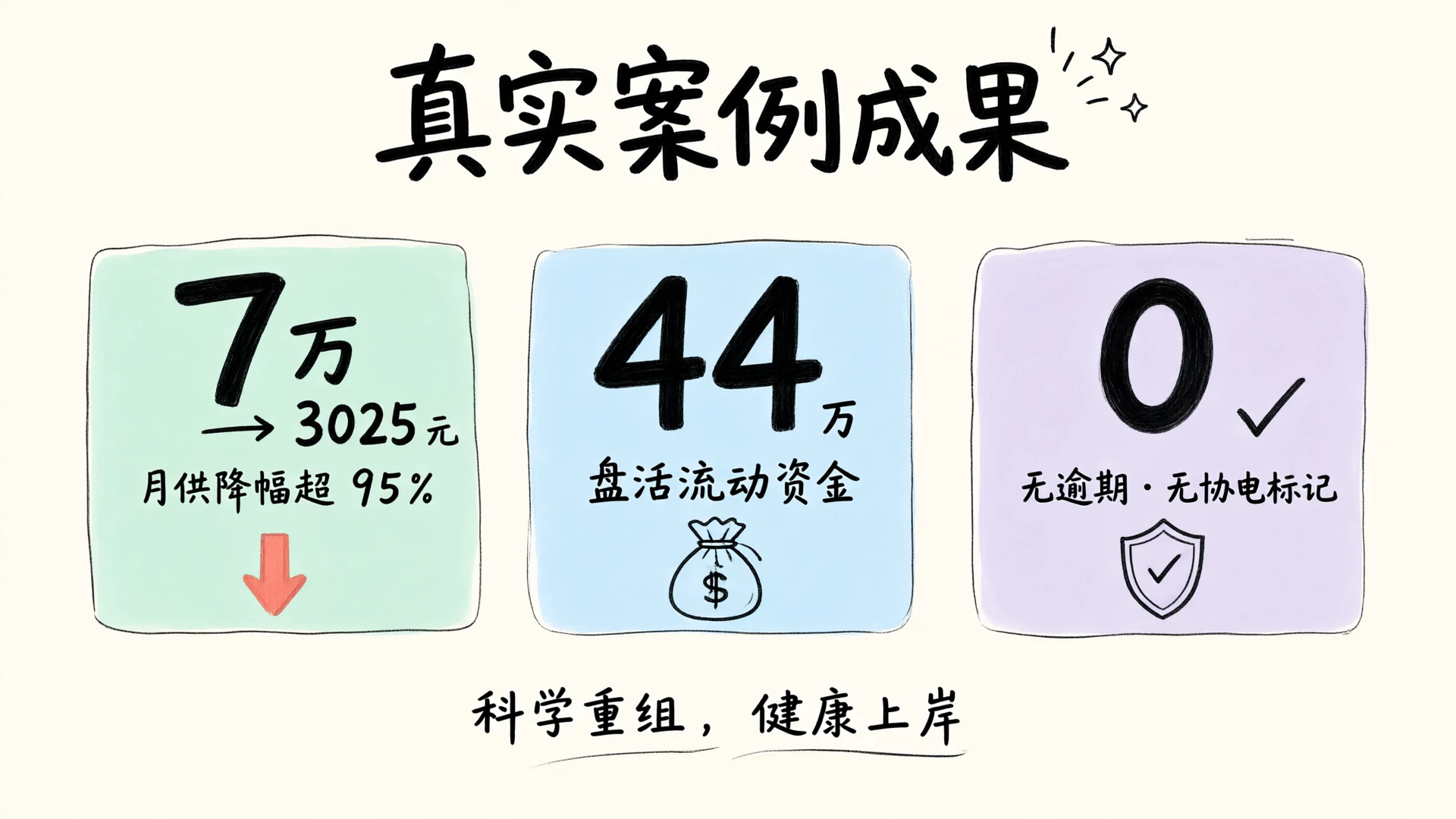 真实案例成果：月供7万降至3025元、释放44万流动资金、征信零损伤