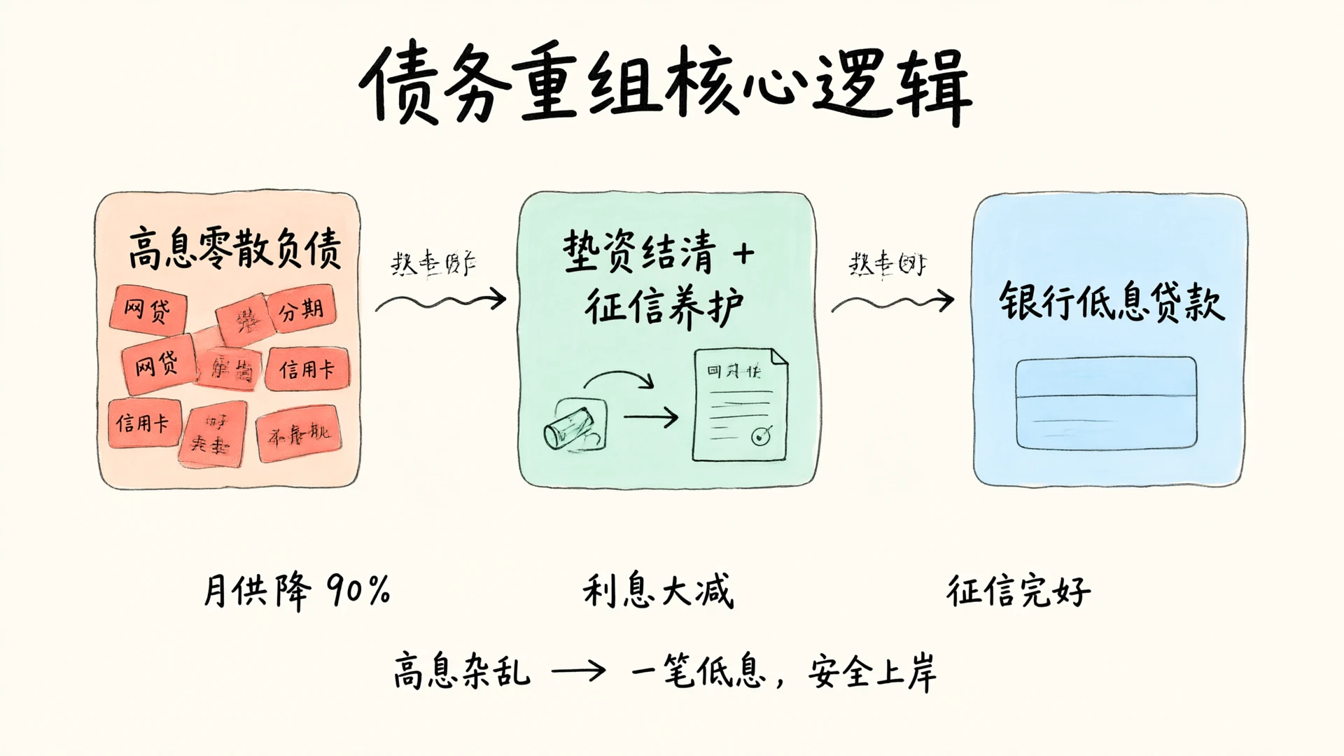 债务重组核心逻辑：高息零散负债 → 垫资结清+征信养护 → 银行低息贷款