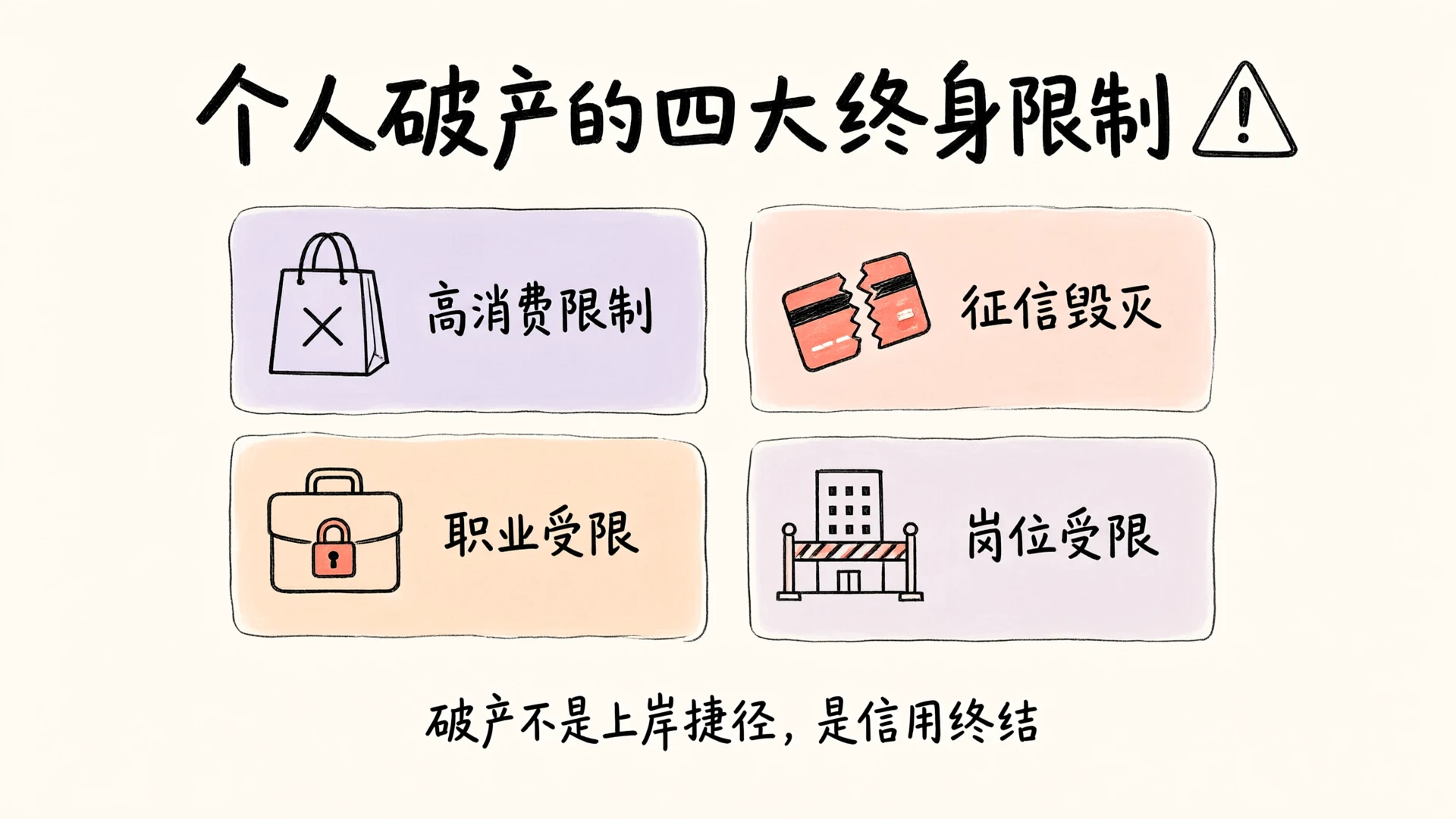 个人破产四大终身限制：高消费限制、征信毁灭、职业受限、岗位受限